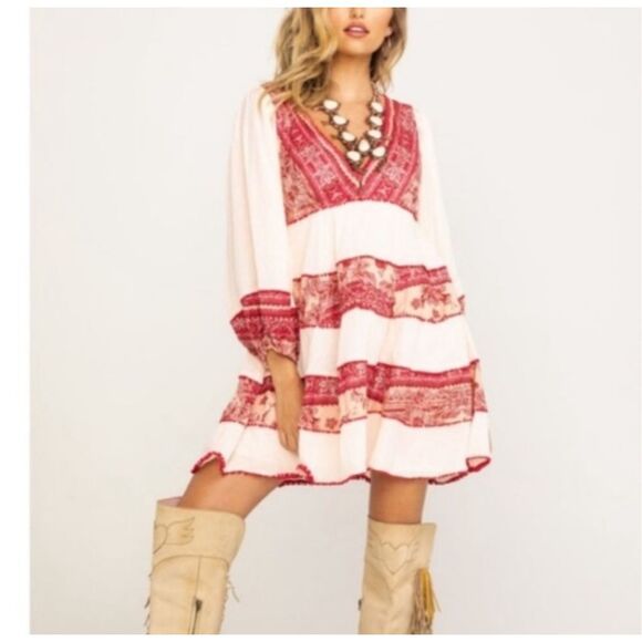 Free Peope My Love Balloon Sleeve Mixed Print V Neck Long  Sleeve Small - Picture 3 of 13